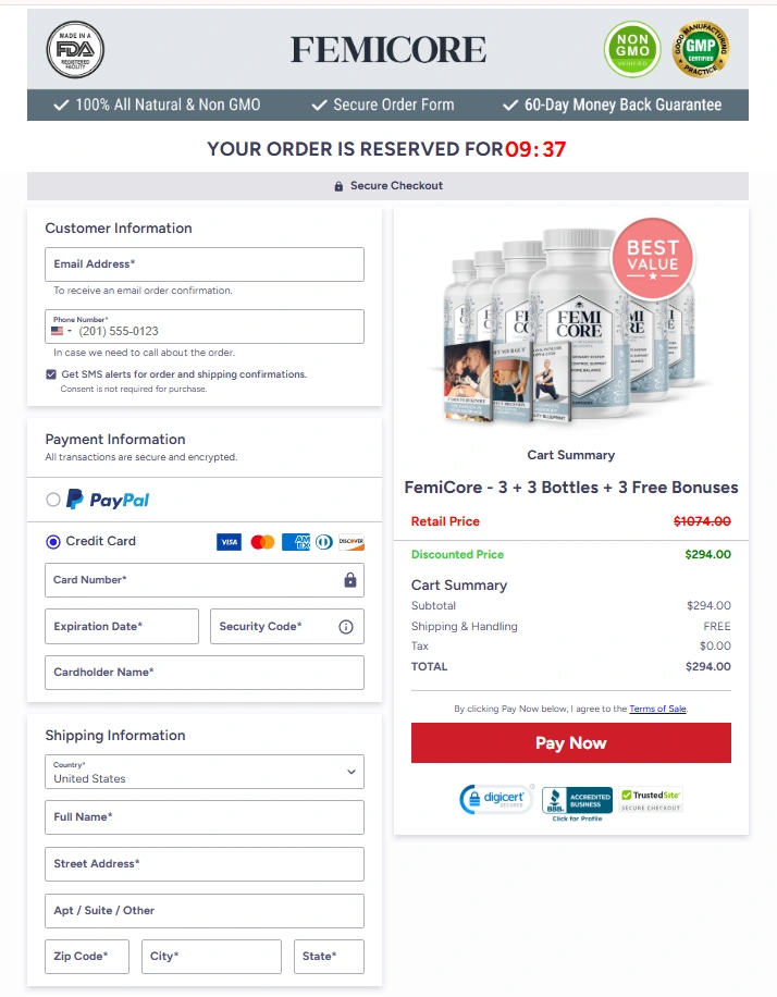 FemiCore secure checkout page